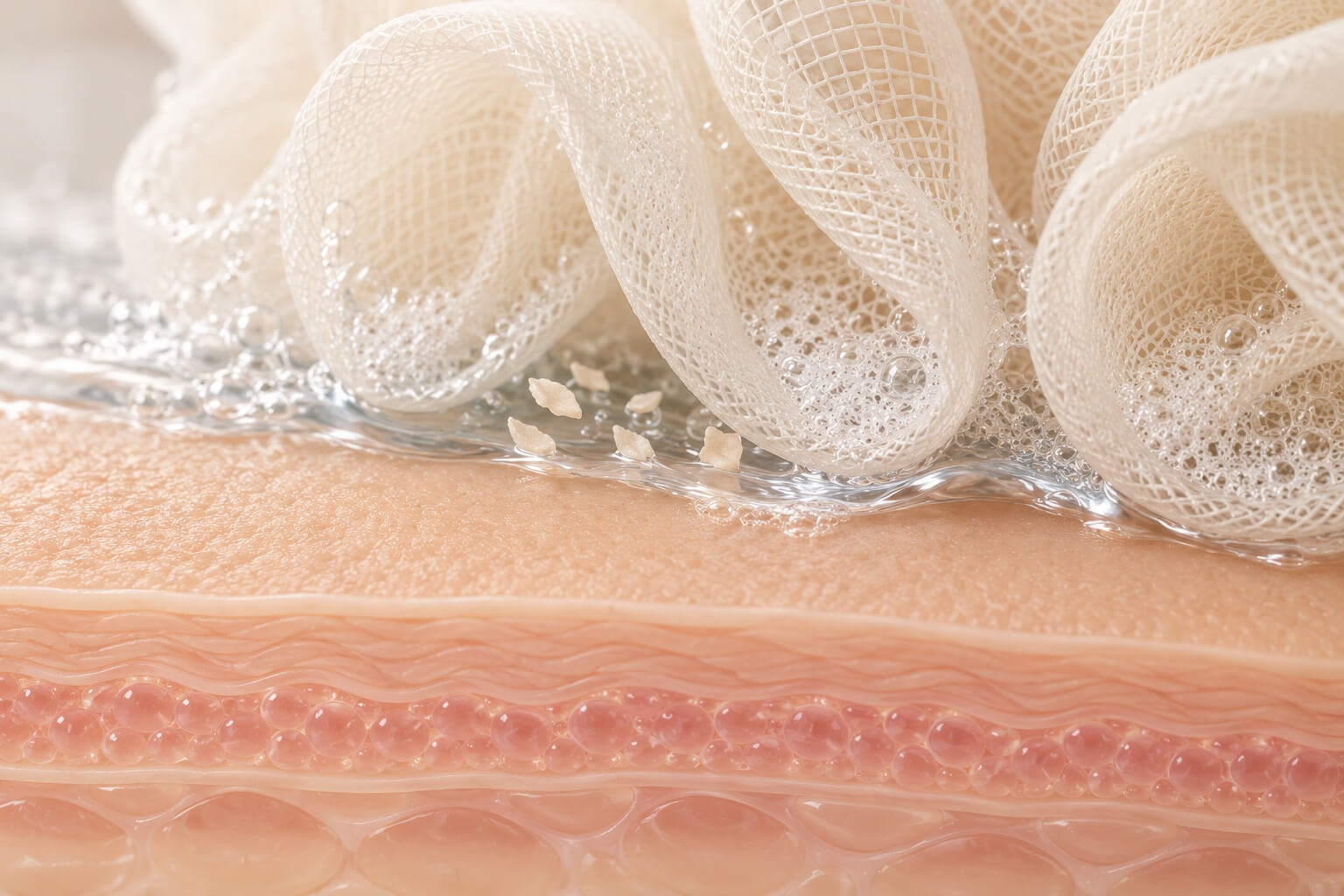 Illustrative macro view of flexible cream mesh loops creating lather on wet skin